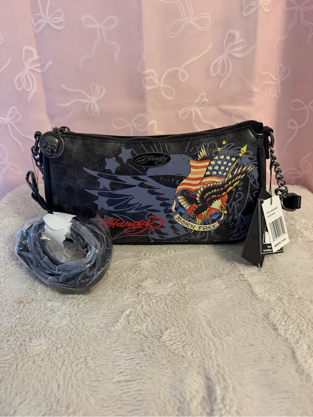 Ed Hardy Black Shoulder Bag with Patriotic Eagle Graphic